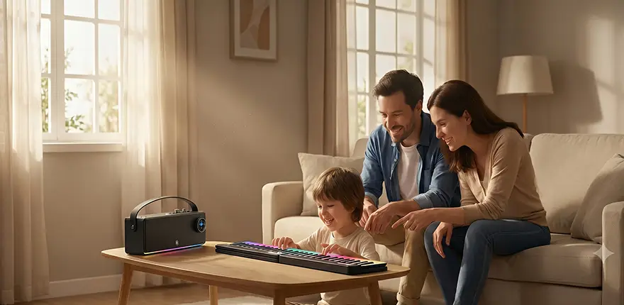 A family enjoying music time together with a smart keyboard and speaker at home
