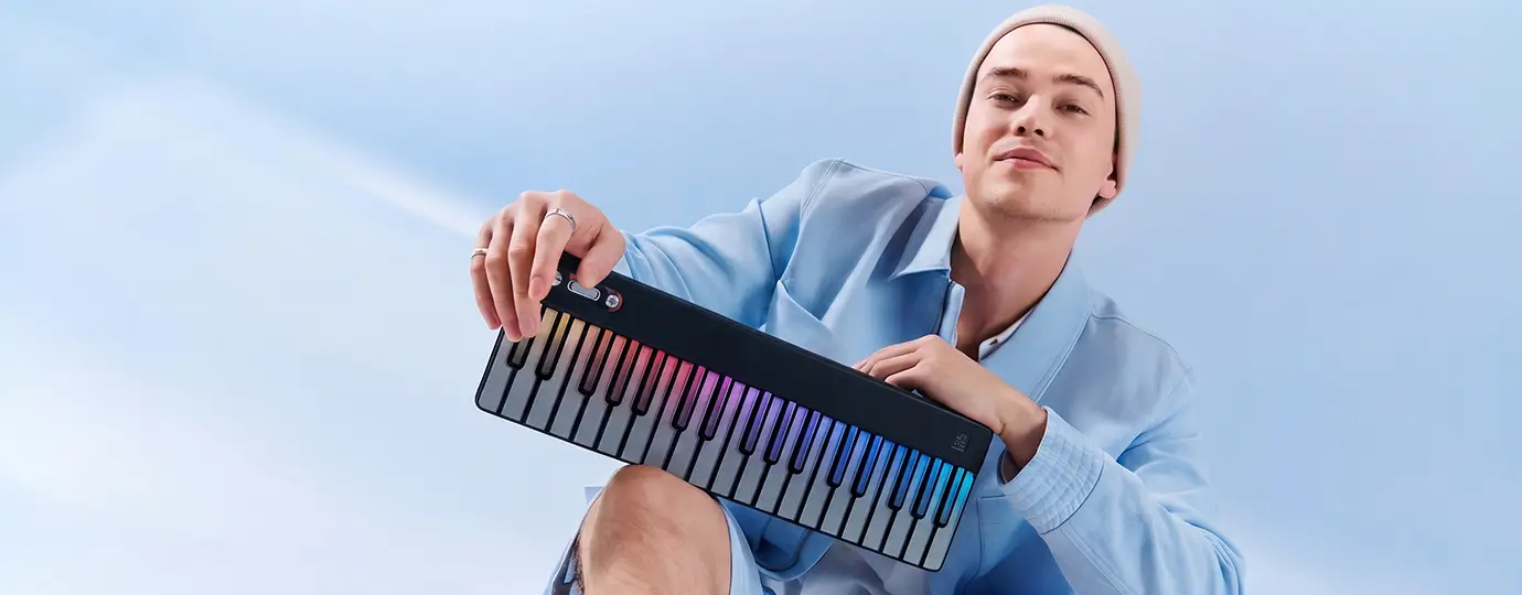 Sleek lifestyle mockup of black Partykeys smart keyboard