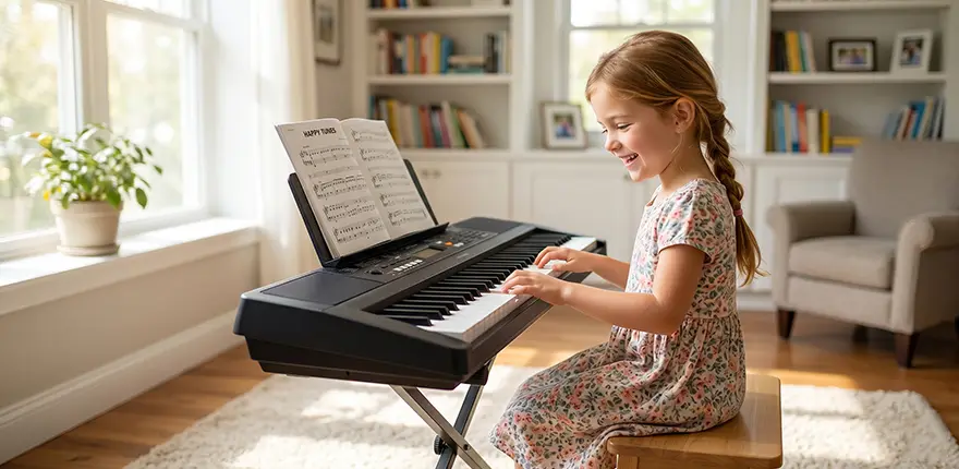 A girl is using a portable electronic keyboard to practice playing the piano.