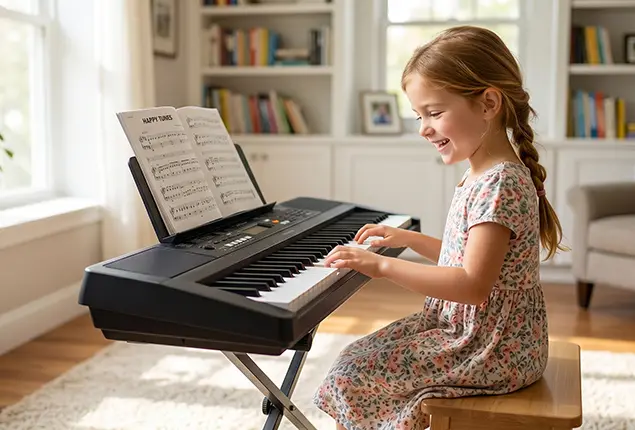 A girl is using a portable electronic keyboard to practice playing the piano.